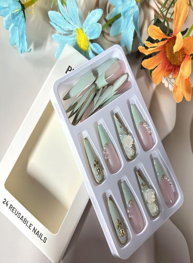 CJDLTS 24Pcs Green French Tip Press on Nails Long Length Gold Rose Flower and Pearl Design 3D Acrylic False Nail Full Cover Artificial Stick on Nails Almond Saped Press Ons Glue on Nails for Women - Image 4